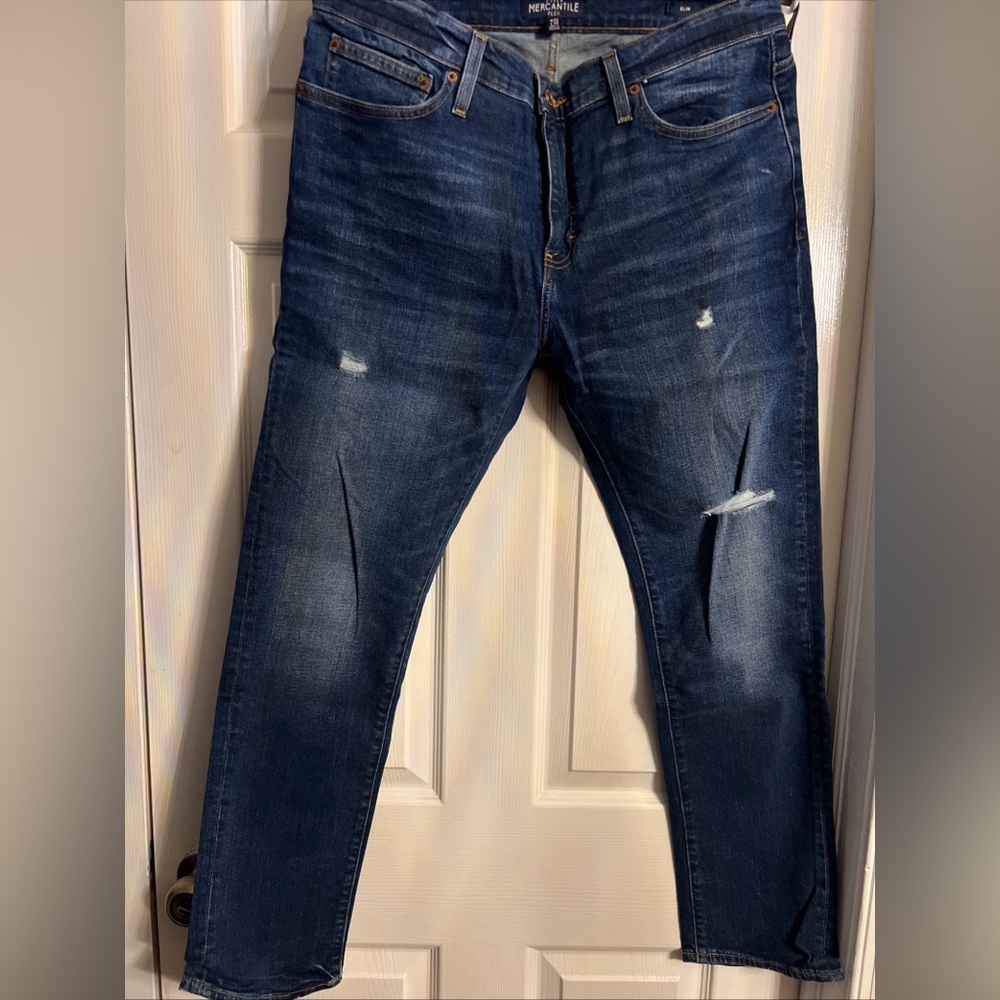 J Crew Mercantile Flex Distressed Slim Fit Blue Denim Jeans 34x30- Blue EUC